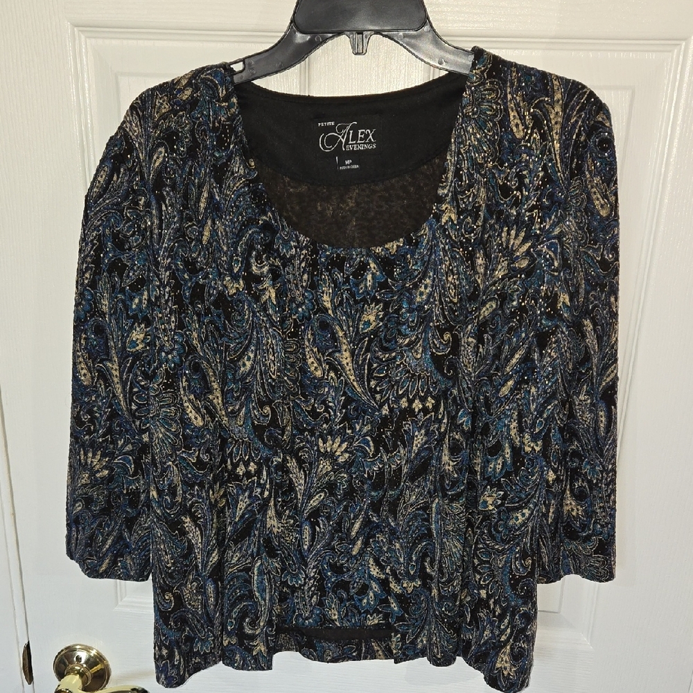 Alex Evenings Women's Black and Blue Paisley Blouse